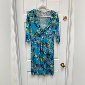 Lilly Pulitzer Blue & Green Leaf Print Silk / Cotton Dress w Ruffle VNeck- S